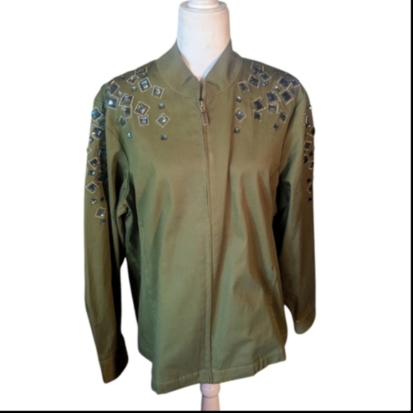 Bob Mackie olive green zip jacket with faceted gemstone details sz XL - Picture 1 of 8